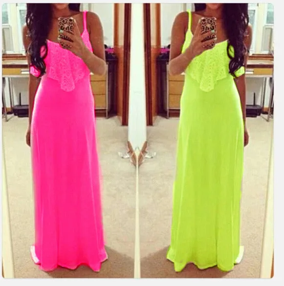 Женское кружевное платье на бретельках длинное ФЛУОРЕСЦЕНТНОЕ без рукавов