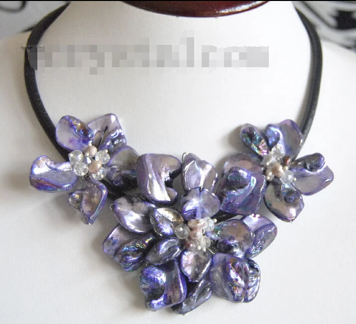 

Hot sell Noble- FREE SHIPPING>>>@@ Baroque purple shell pearl bead MOP three flower necklace@^Noble style Natural Fine jewe S