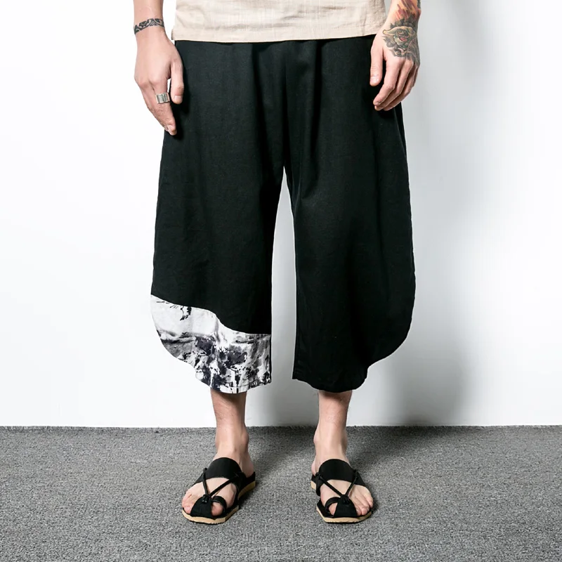 

New Men's Wide Crotch Harem Pants Loose Large Casual Cropped Trousers Wide-legged Bloomers Chinese Style Flaxen Baggy Men Pants