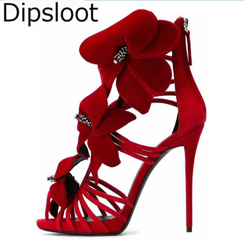 

Пикантные ярко-красные сандалии Mujer с украшением в виде кристаллов; женские туфли на шпильках с цветочным узором; Красивые Босоножки с откры...