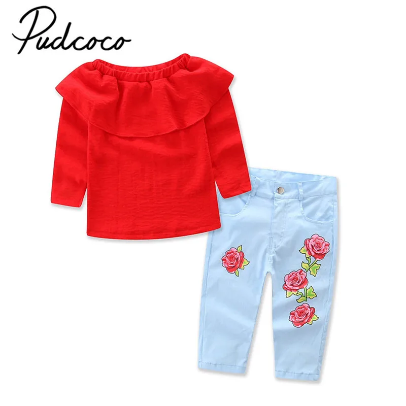 2 шт./комплект футболка с открытыми плечами и джинсовые брюки|2pcs set|kids baby girlclothes autumn