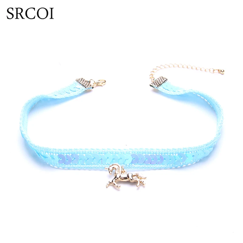 Srcoi Harajuku розовый сине белые блесток бисер с ожерелье единорогами Для женщин