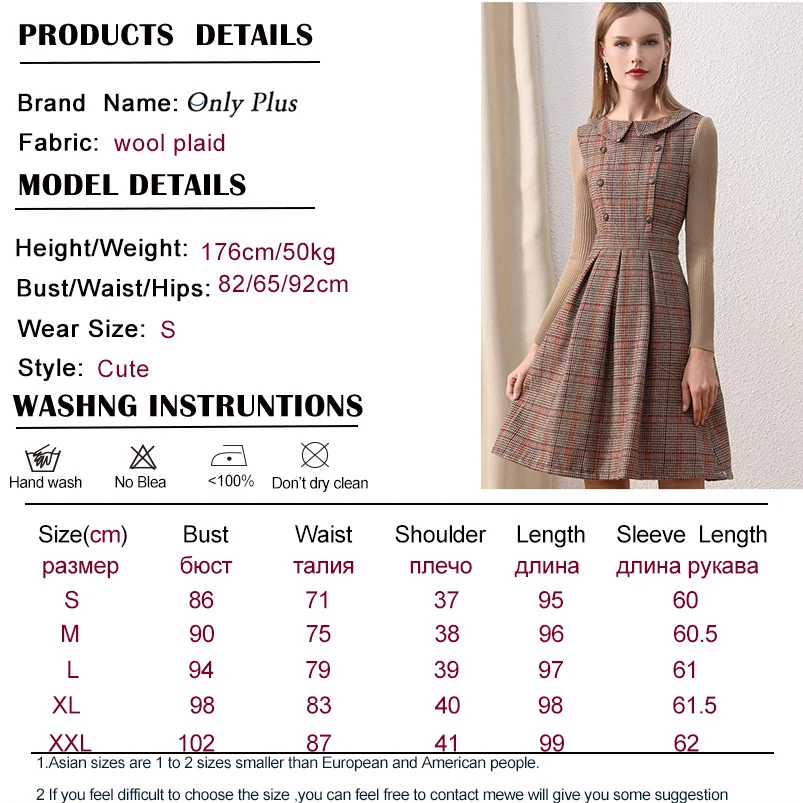 

Only plus Women Winter Woolen Dress Peter Pan Collar vintage Brown dress With Buttons Knitted Sleeve Boho Dress For Women