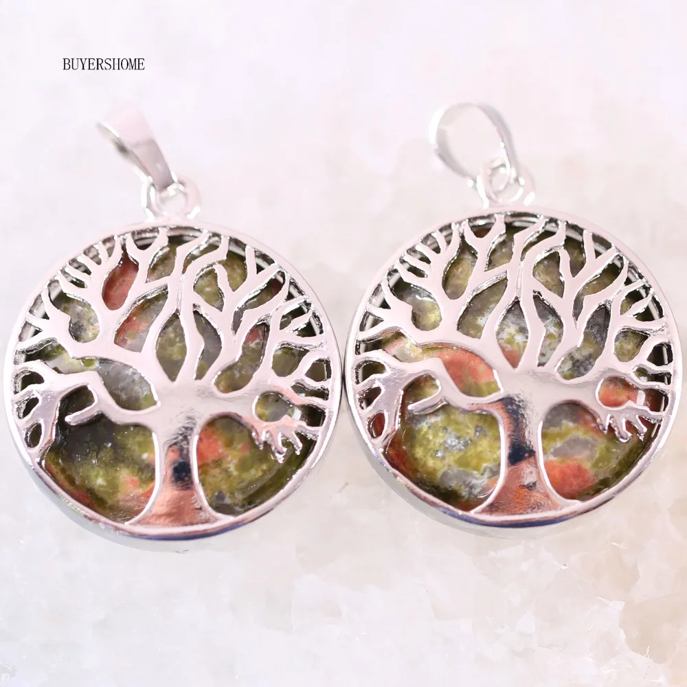 Silver Color Tree of life Round Necklace Pendant 25MM Natural Stone Onyx Lapis Tiger's Eye Malachite Howlite Crystal 10Pcs | Украшения