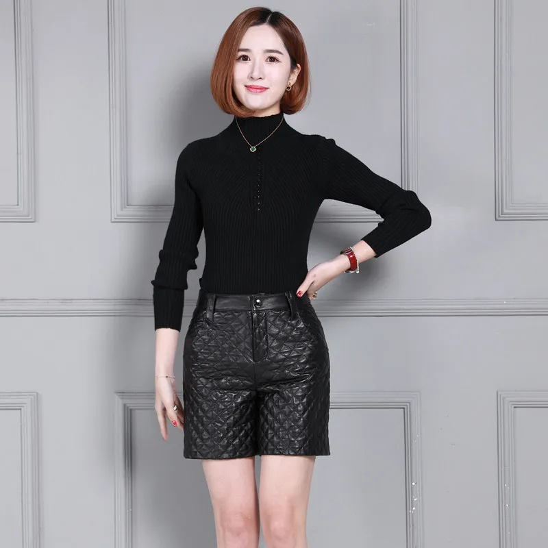 2021 New Genuine Leather Shorts for Women Winter High Waist Slim Fit Zipper Wide Leg Short Pants Party Wear Female Streetwear