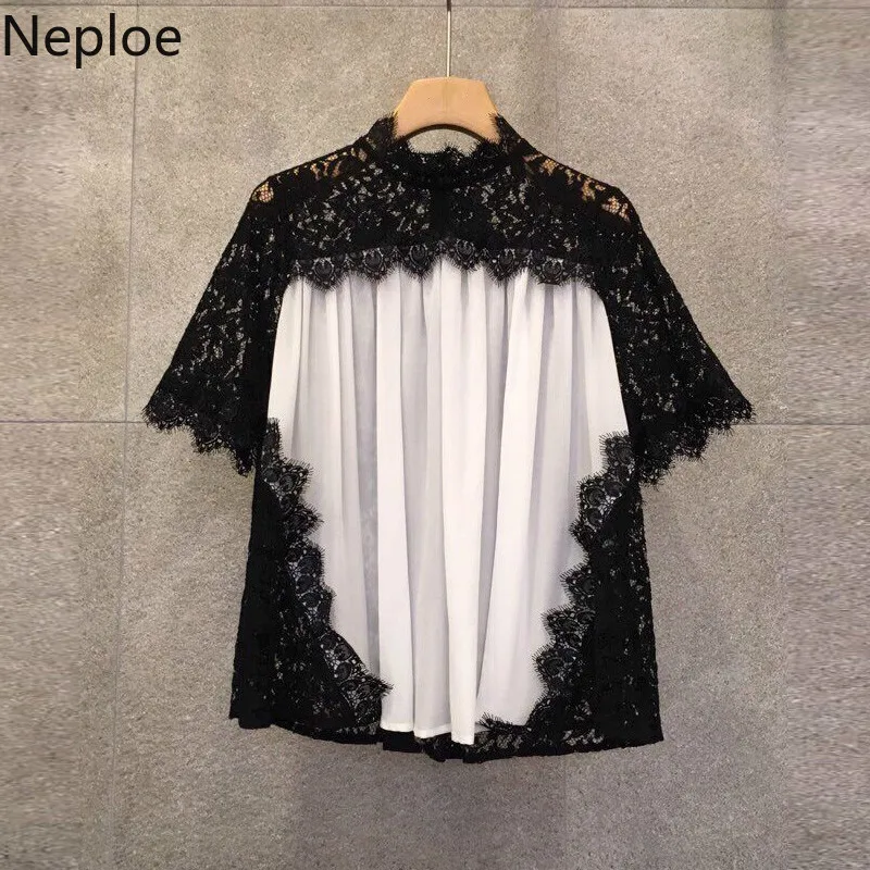 Neploe/открытые кружевные футболки для женщин лето 2019 модные с оборками воротник