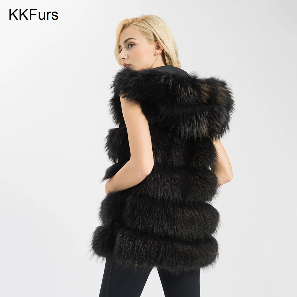 JKKFURS Женская куртка из натурального меха енота жилет с капюшоном длинный Зимний модный пальто S1542