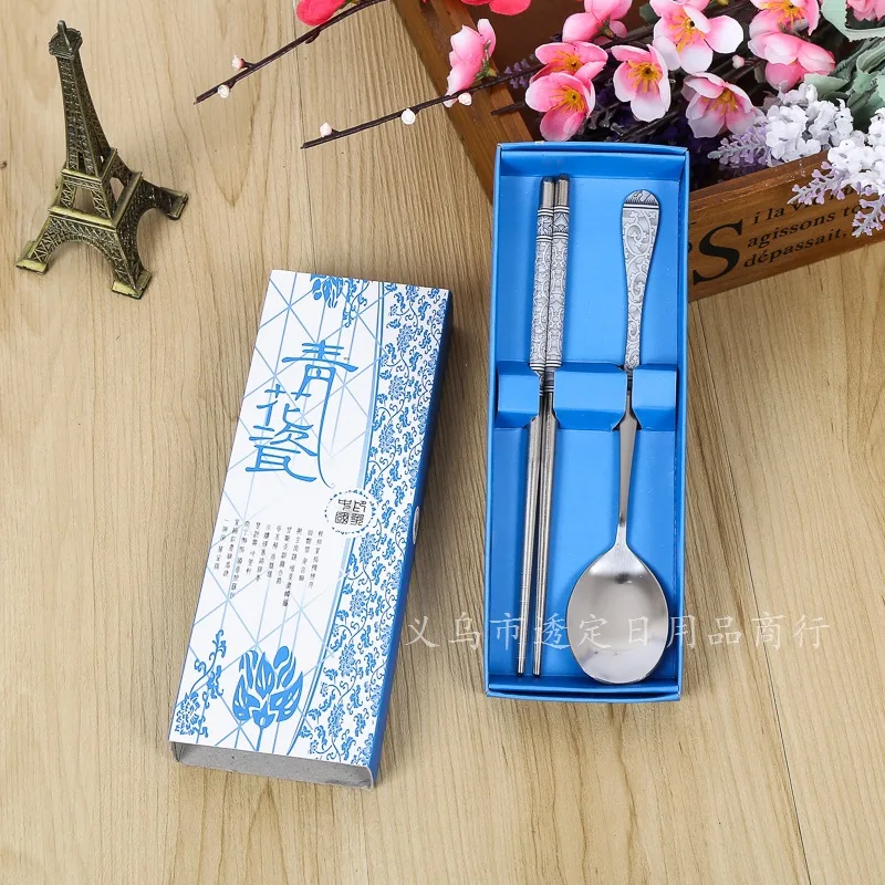 

Wholesale100sets/lot stainless steel Tableware Blue White Porcelain spoon chopstick sets Wedding Return Gifts for Guest