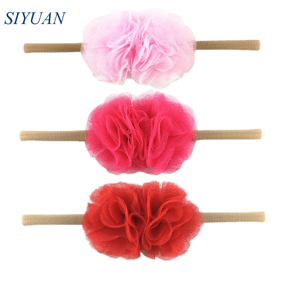 5 шт./лот 2 4 ''ткань тюль помпон ушко цветок с нейлоновой повязкой на голову