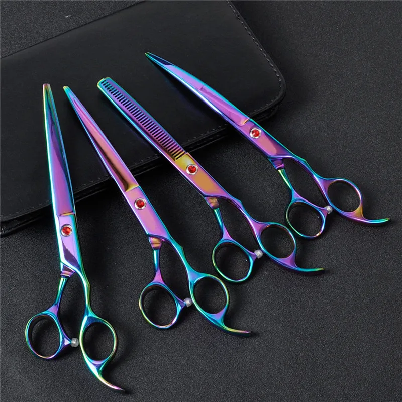 

5PCS Set 7 Inch Colorful Stainless Steel Pet Set Pet Hair Scissors Clippers Flat Tooth Cut Dog Beauty Tools Kit Beauty Supplies