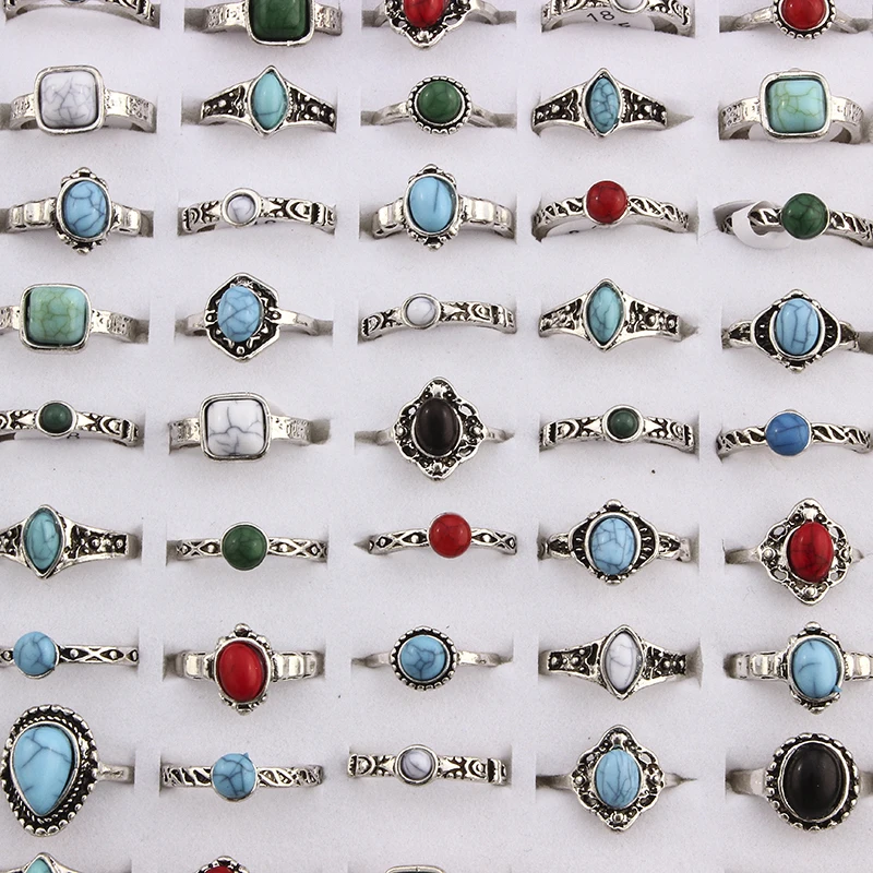 

Mixed Bohemia Style Natural Blue Red Stone Rings Tibetan Silver Tone Size 16 17 18 Finger Rings Jewelry For Woman 10pcs