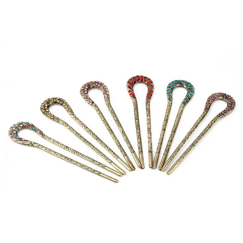 Retro Hair Jewelry Antique Bronze Sticks U Shape Hairpins Women Vertical Clip Rhinestone Flower Accessories | Украшения и