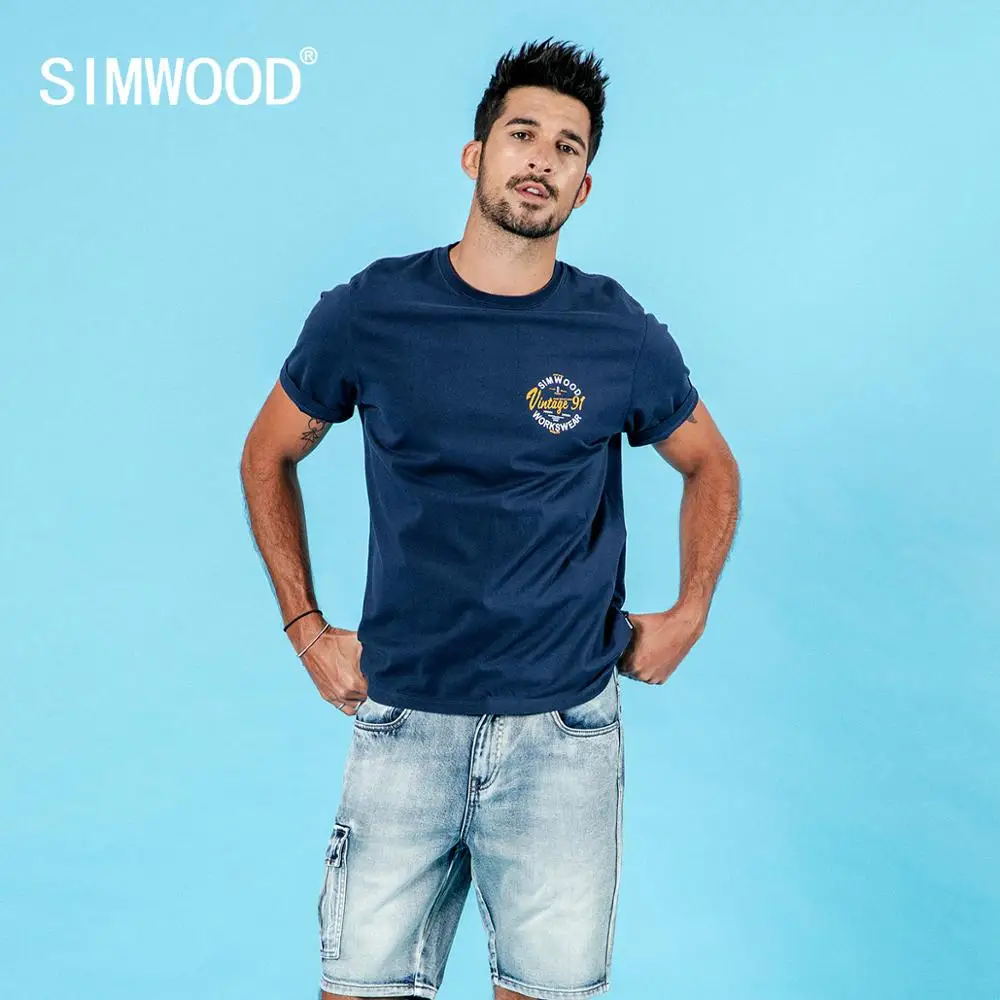 SIMWOOD, летняя мужская футболка, хлопок, принт с буквами, футболка, модный топ размера плюс, высокое качество, футболка, брендовая одежда 190154