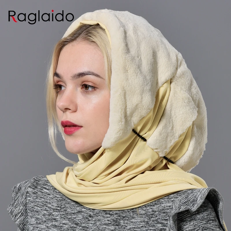 Шапка с капюшоном из кроличьего меха для женщин, зимняя теплая Роскошная шапка из кроличьего меха, шарф, шапка, стильная модная женская уличная снежная шапка