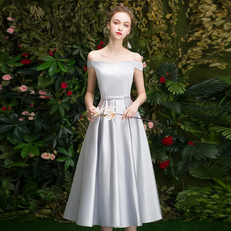 Girl Women Princess Satin Grey Party Dresses New Marriage Sister Group Girls Gray Bride sister Dress Bridesmaid Prom Gown | Женская