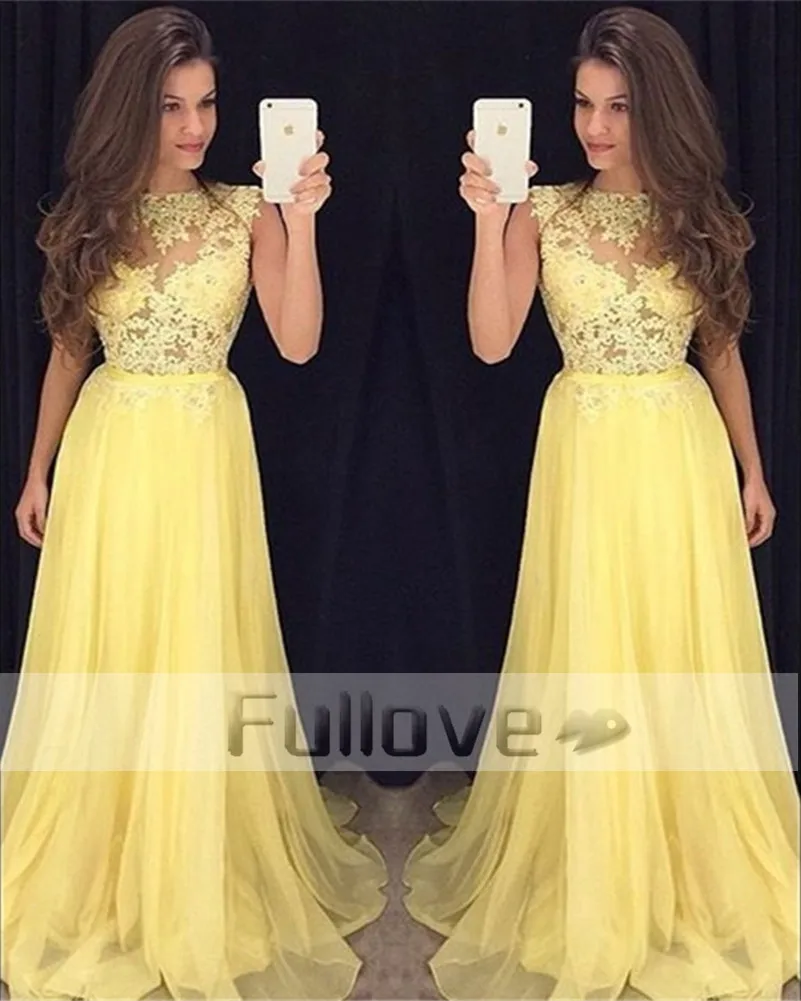 

New Yellow Appliques Prom Dress Long 2019 Sheer A-Line Formal Evening Party Dresses Gowns Vestido De Festa Robe De Soiree Abiye