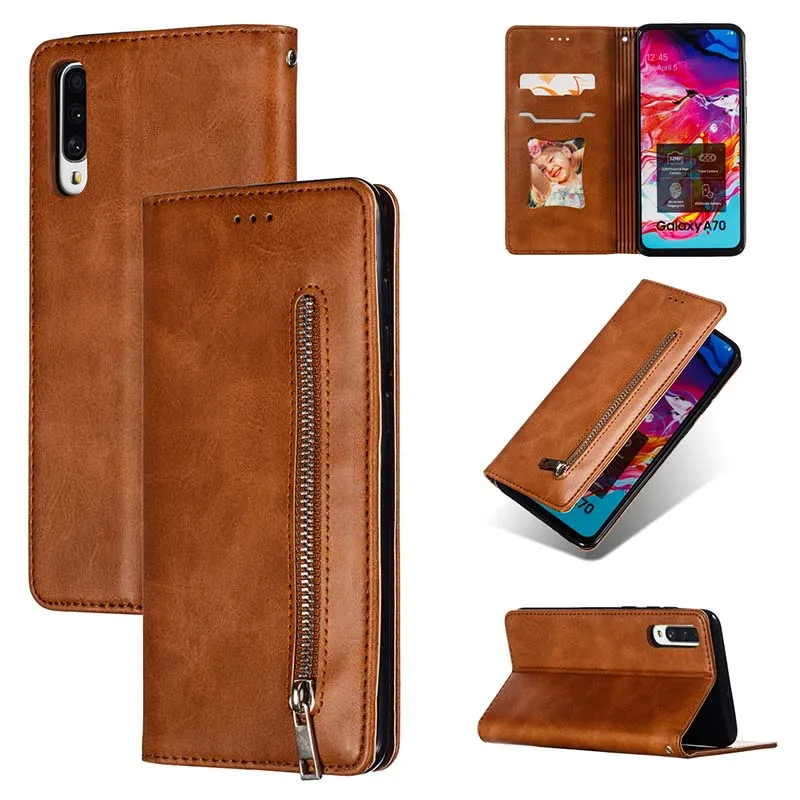 Brown Красивый чехол из искусственной кожи для samsung Galaxy A70 A 20 30 40 50 70 на молнии+ ремешок+ кожа+ мягкая ТПУ подставка на магните Чехол-книжка - Цвет: Brown