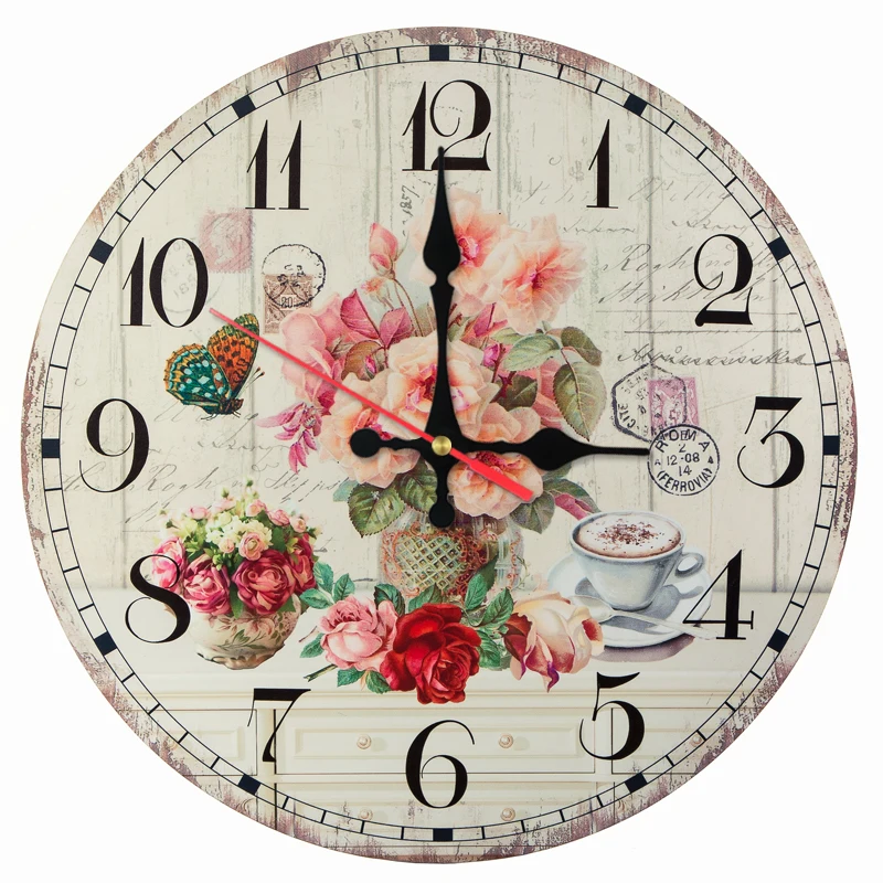 Hot sale Floral decor wooden wall clocks home decoration still life wall stickers quartz watch clock classic for living room