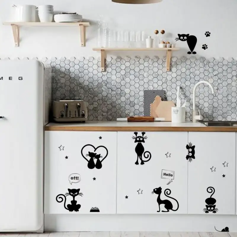 Cute Black Cat Wall Stickers Vinyl Decal For Kids Rooms Cartoon Pussy Decoration Switch Mural R4 | Дом и сад