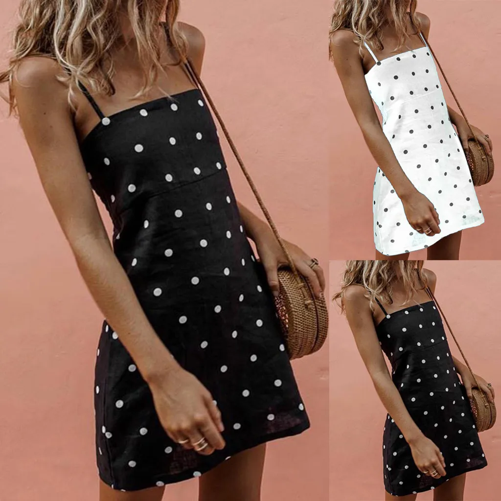 Женское повседневное платье в горошек Boho мини без рукавов лето 2019|Женские платья|