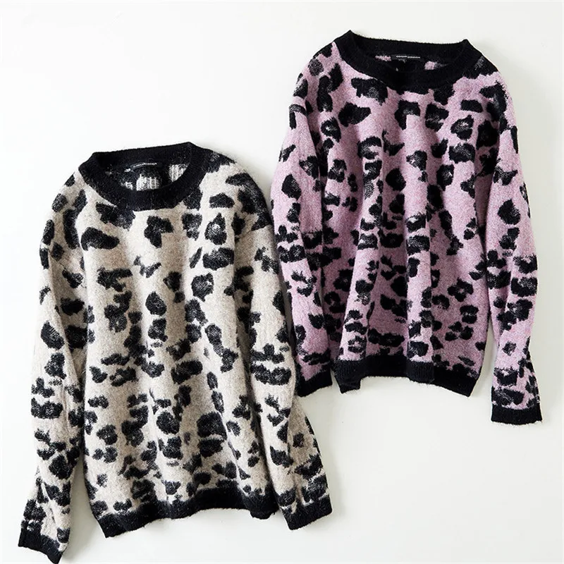 Женский вязаный пуловер с леопардовым принтом короткий Свободный круглым