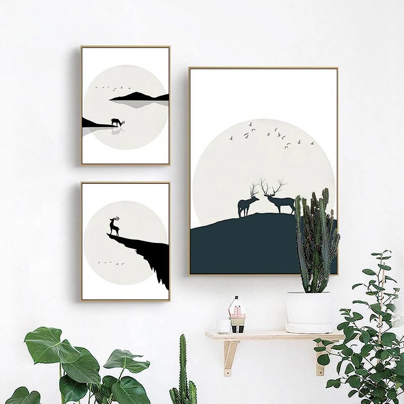 

Chinese Style Black and White Elk Silhouette Mountain River Deer Animals Canvas Painting Home Room Decoration Art Poster Print