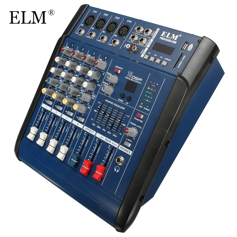 ELM Профессиональный 6 канала караоке аудио DJ микшер контроллер смешивания усилитель консоли с USB 48V микрофон Phantom Мощность