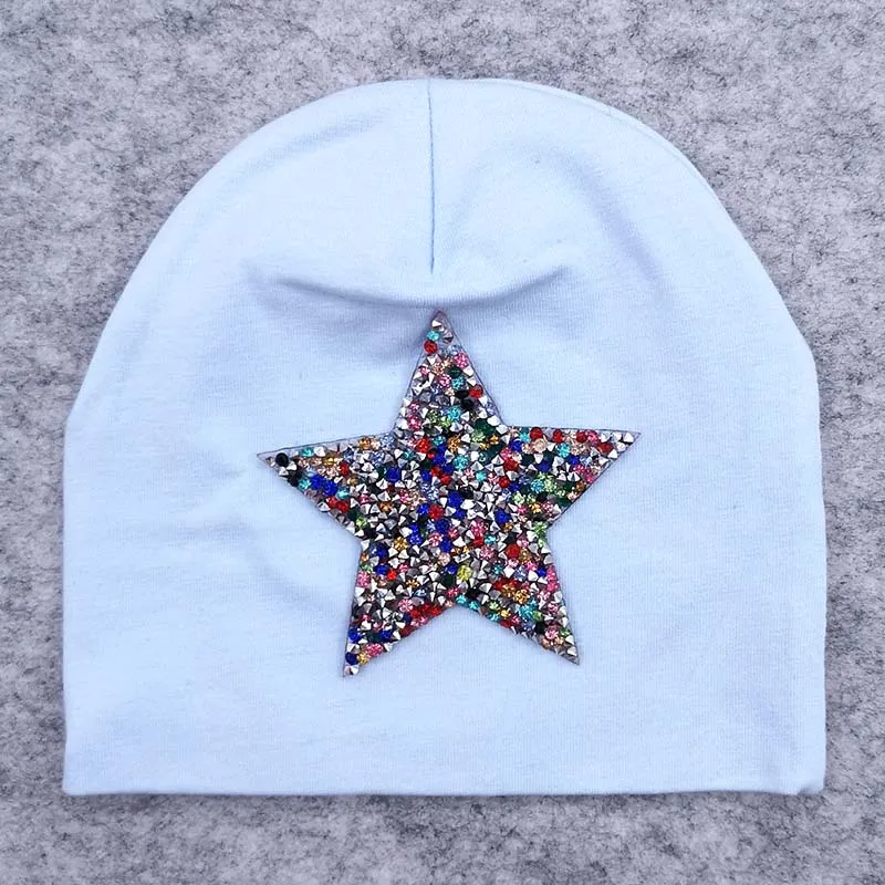 light blue GZHilovingL/ г. Мягкие хлопковые шапки для новорожденных мальчиков и девочек, весна, от 0 до 4 месяцев, стразы шапка звезда, шляпа, кепка для фотосессии - Цвет: light blue