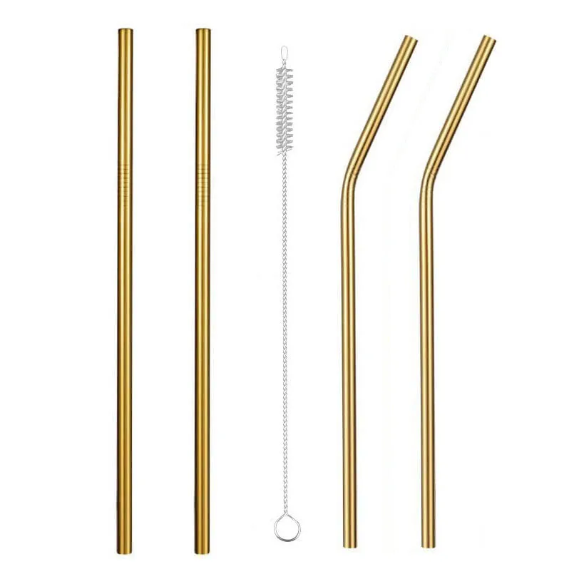 Gold B s2b2 4PCS Reusable 304 Stainless Steel Drinking Straw Bar Party Metal Straw with Cleaner Brush For Mugs Sturdy Bent Straight Straws - Цвет: Gold B s2b2 4PCS