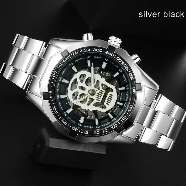 silver black T-WINNER Мужские механические часы Winner Топ люксовый бренд из нержавеющей стали скелетные часы самоветер механические мужские часы - Цвет: silver black