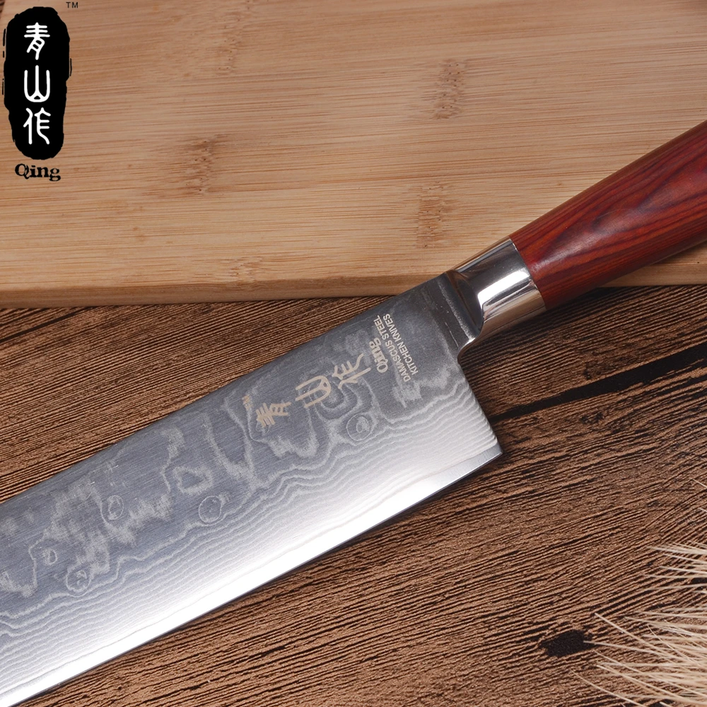 Дамасский нож с коричневой ручкой QING цветная деревянная ручка кухонный