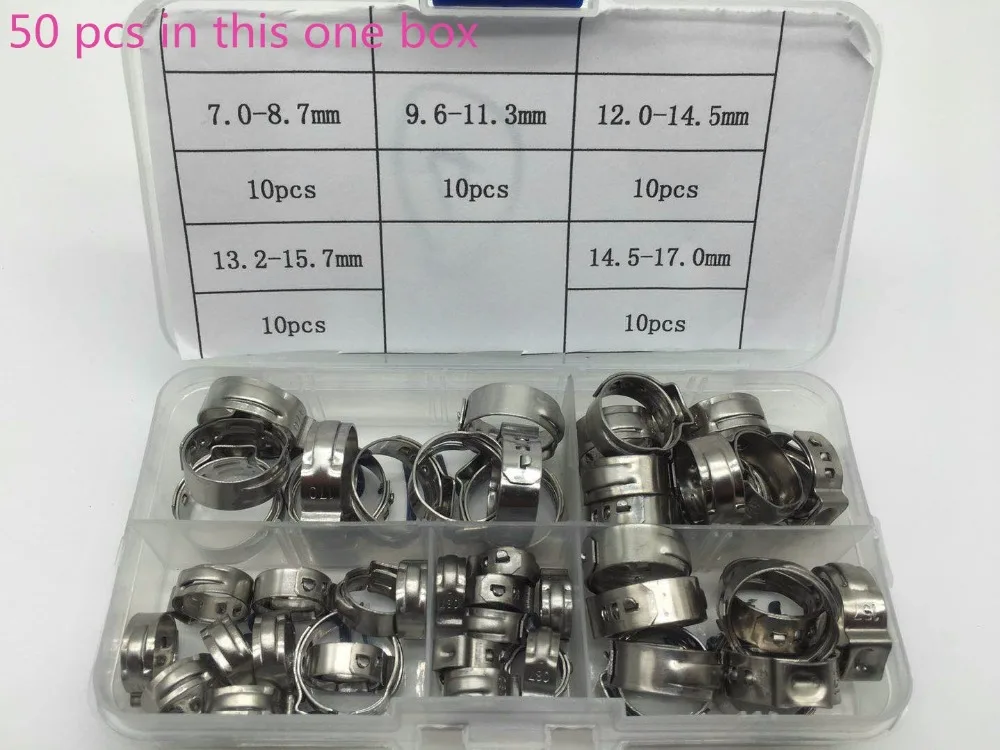 

Free shipping Pipe Clamp High Quality 50 PCS Stainless Steel 304 Single Ear Hose Clamps Assortment Kit Single with box