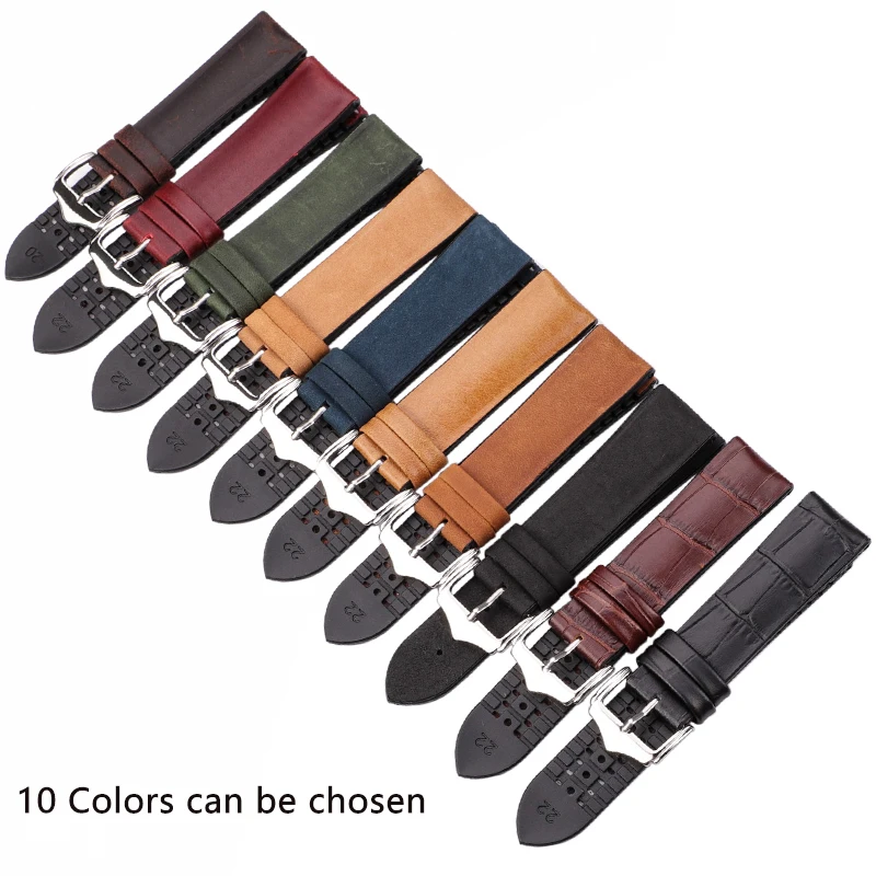 Genuine Leather Watchband Men Women Rubber Silicone Waterproof Breathable Watch Band Strap Buckle Clock Accessories 18 20 22mm