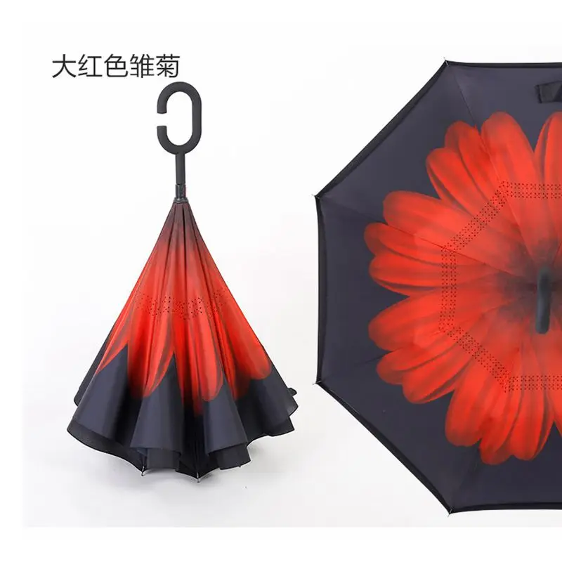 Ветронепроницаемый складной двухслойный перевернутый зонтик с длинной ручкой