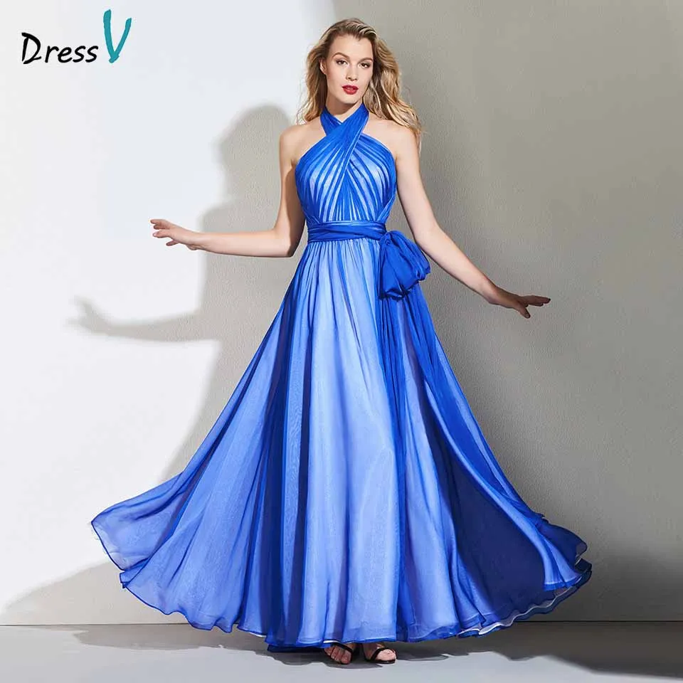 

Dressv elegant long prom dress halter neck a line sleeveless floor length sashes evening party gown prom dresses customize