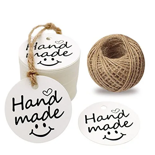 

100pcs white round "HANDMADE" tags with smiley for wedding party decoration tags Packaging Hang paper Tags stationery price tags