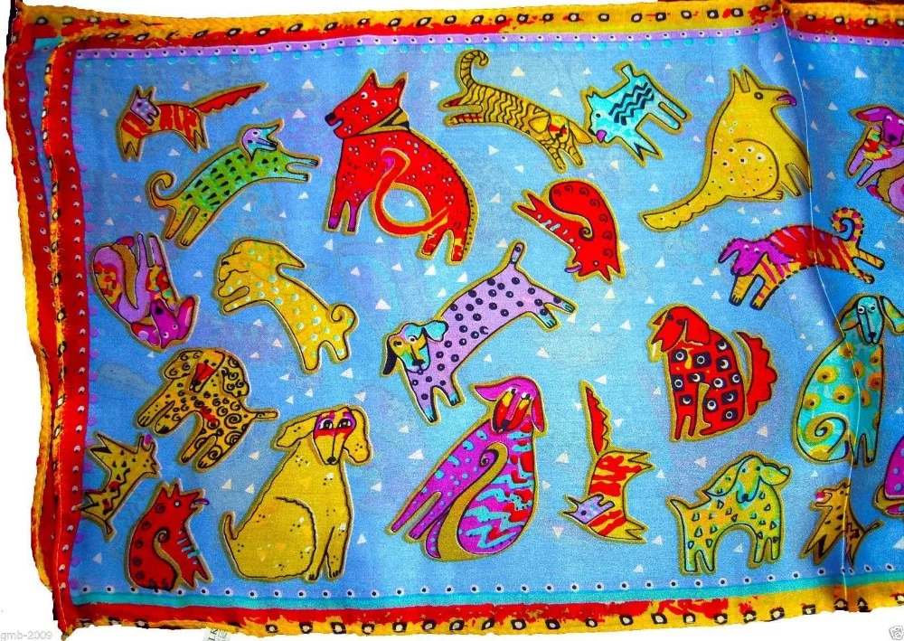 100% шелк синий красный желтый бирюзовый животные Счастливый щенок собаки длинный