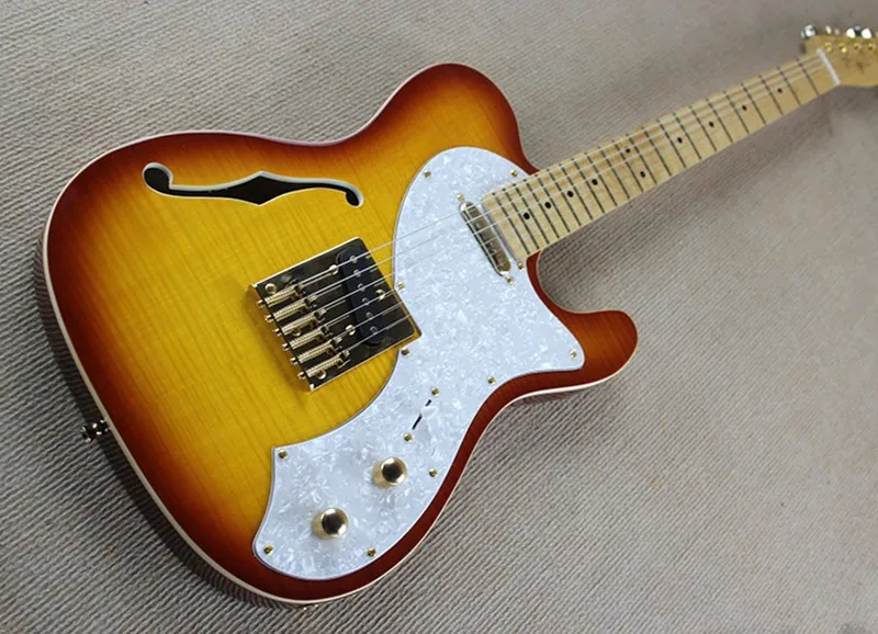 

Sunset Color Body Electric Guitar with Tiger Maple Pattern,One f Hole,White Pearl Pickguard,Gold Hardwares,Offer Customized