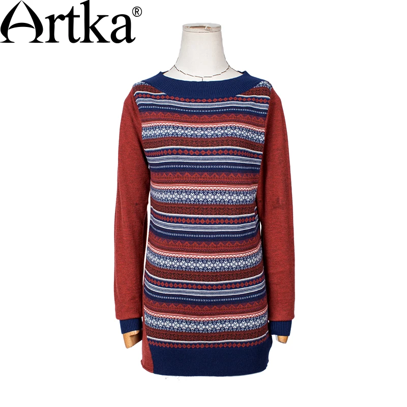 ARTKA Women's Spring Casual Fashion O-Neck Full Sleeve Pullover Striped Pattern Loose Female Sweater Red Pullovers YB18036Q | Женская
