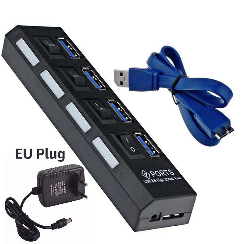 IMice USB 3,0 концентратор Mutil usb порт концентратор 5 Гбит/с 4/7 портов мини USB разветвитель с автономным переключателем usb-хаб-ридер с адаптером питания - Цвет: 4 Port Black With EU