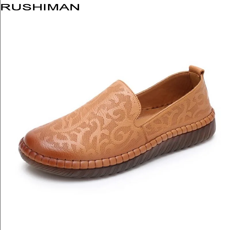 

RUSHIMAN women genuine leather women flats shoes Fashion Loafers 2018 Autumn high quality Cowhide Shallow Round Toe 35-41