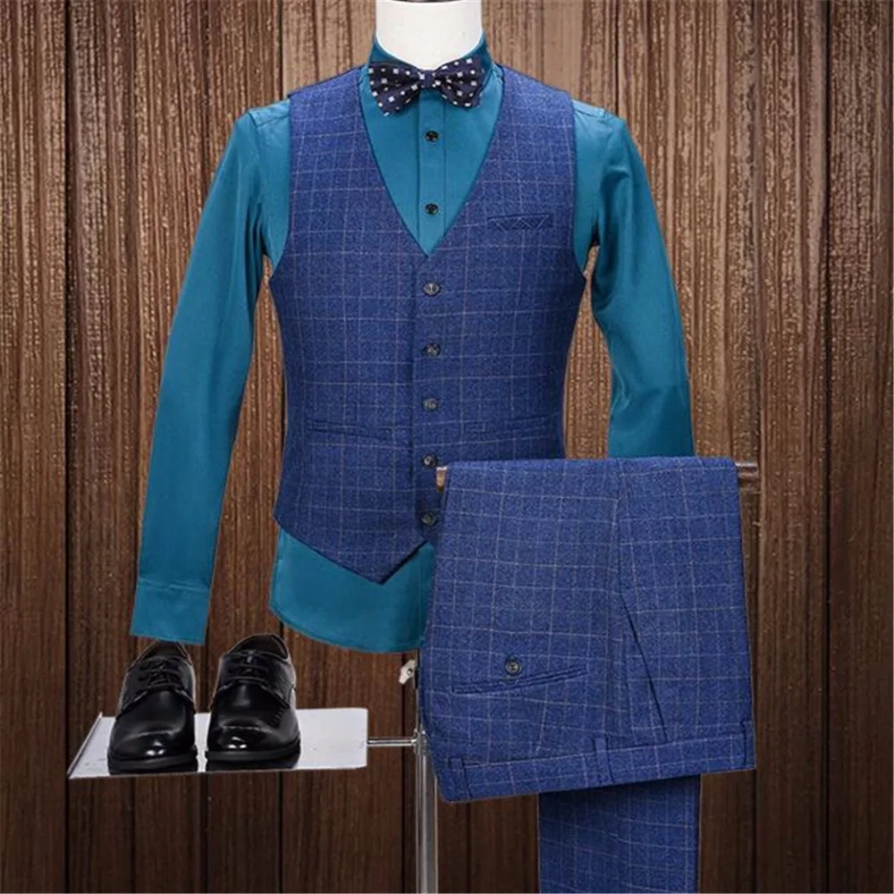 Британский стиль синий твидовый в клетку костюмы для мужчин две пуговицы