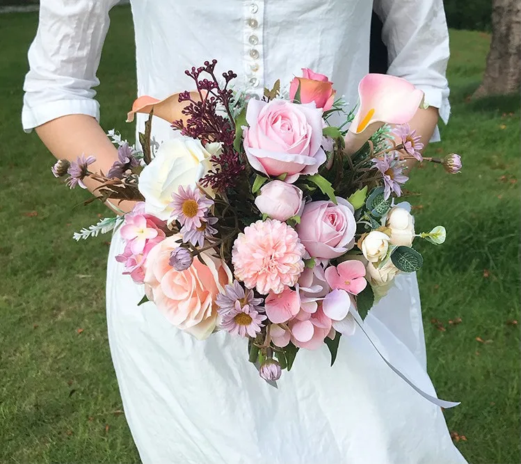 Искусственные цветы jaevini розовые оранжевые невеста букеты розы Калла свадебные