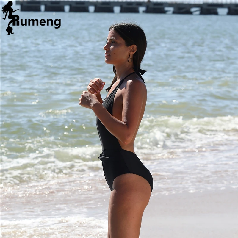 Новинка 2018 черный женский купальник RUMENG с глубоким V образным вырезом и Цельный