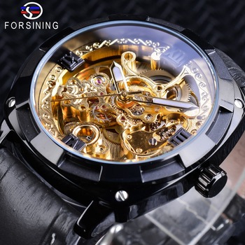 Forsining Black Golden Clock Transparent Case Genuine Leather Band Luminous Hands Automatic Watches for Men Sport Clock Male