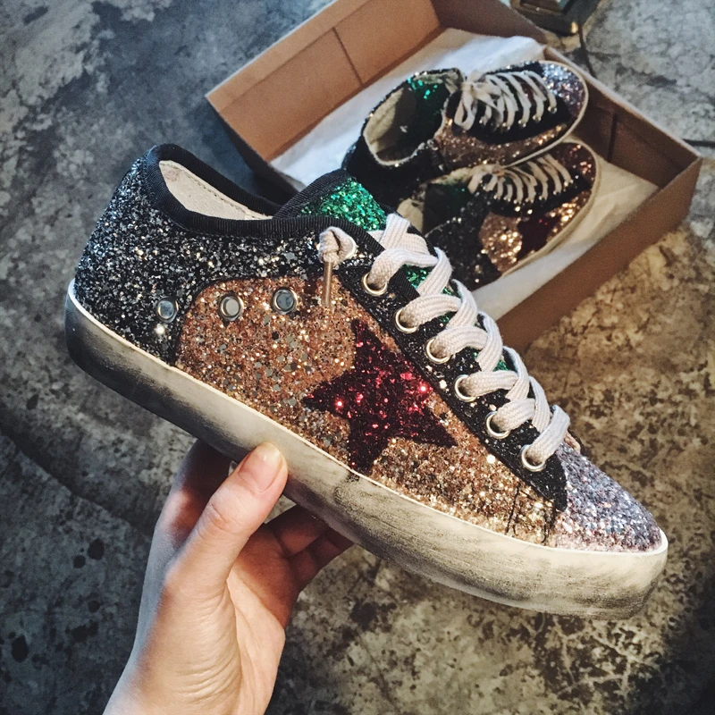 Women Casual Shoes Genuine Leather Do Old Dirty High Top Sneakers Mixed Color Sequins Fashion Golden Superstar | Обувь