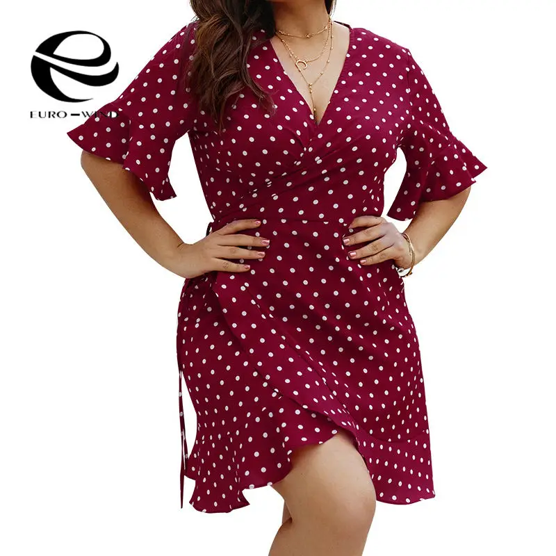 Plus Size 4XL 2019 Summer Dress Women Short Sleeve V-neck Dot Print Boho Sexy Beachwear Ruffles Mini Dresses Vestidos | Женская одежда