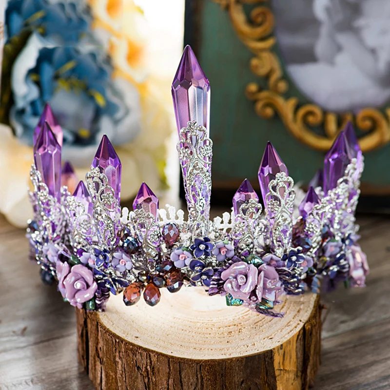 Роскошные Сверкающие Фиолетовые фиолетовые свадебный цветок с кристаллами HIMSTORY, свадебная корона, тиары, серьги, красивый головной убор