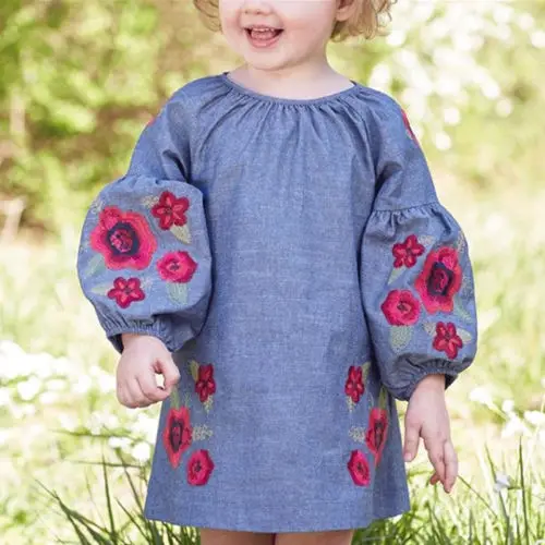 New Kid Girl Fashoion Denim Long Sleeve Floral Dress Clothes Girls Princess Baby Party Pageant | Детская одежда и обувь