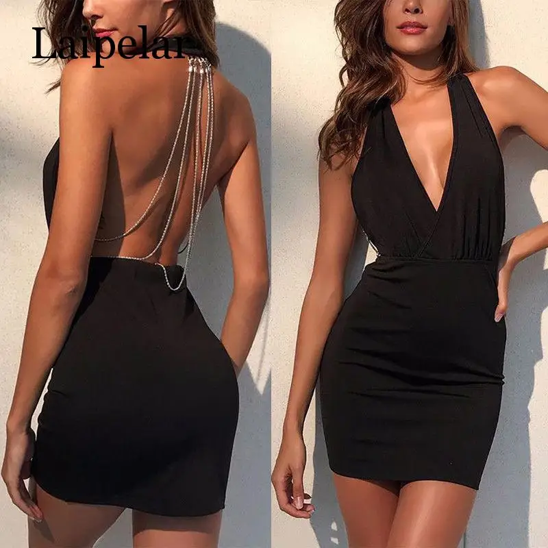

Laipelar Womens Sexy Evening Party Club Backless Bandage Dress Elegant Deep V Neck Sleeveless halter Formal Mini Dress